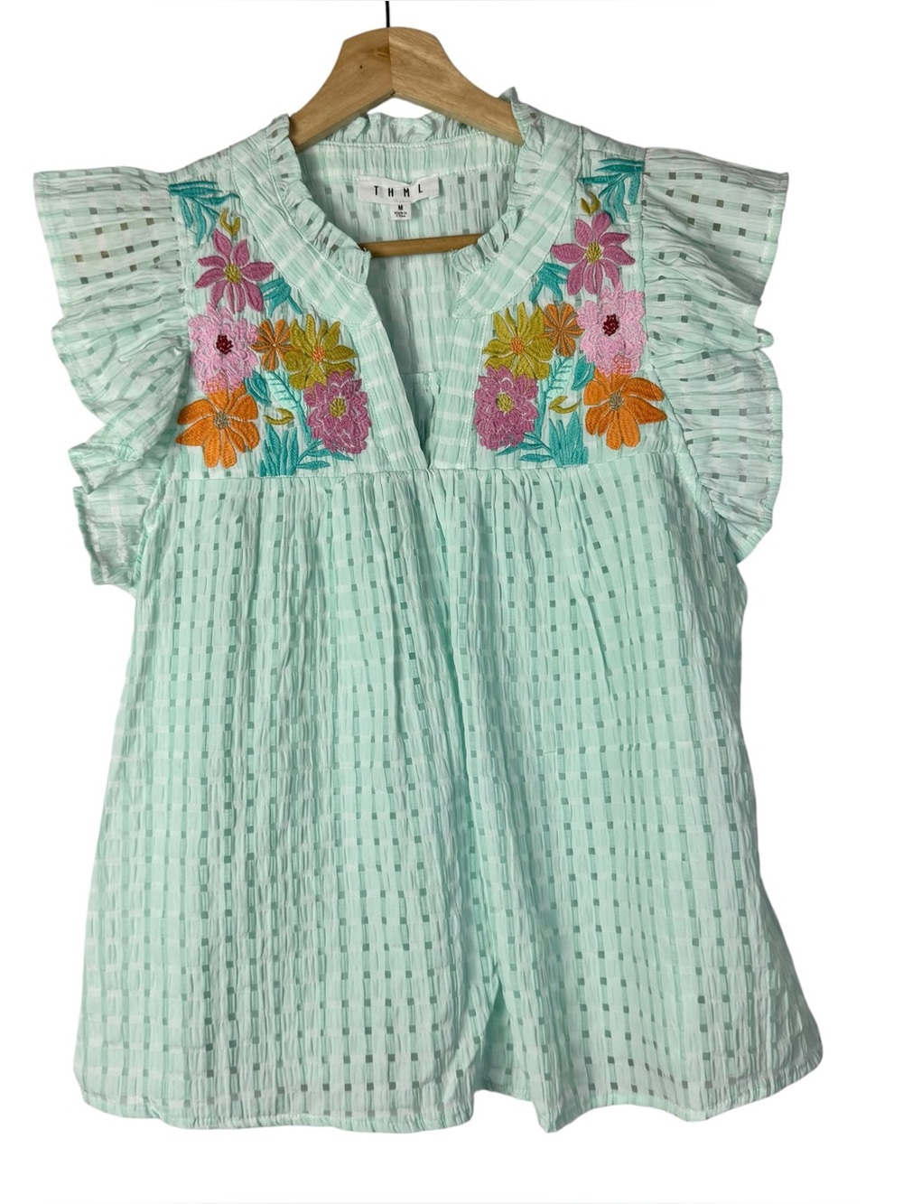 THML Mint Green Floral Embroidered Flutter Short Sleeve Top M - Picture 1 of 3